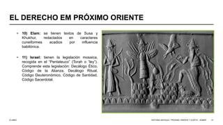 © UNED
EL DERECHO EM PRÓXIMO ORIENTE
• 10) Elam: se tienen textos de Susa y
Khukhur, redactados en caracteres
cuneiformes acadios por influencia
babilónica.
• 11) Israel: tienen la legislación mosaica,
recogida en el “Pentateuco” (Torah o “ley”).
Comprende esta legislación: Decálogo Ético,
Código de la Alianza, Decálogo Ritual,
Código Deuteronómico, Código de Santidad,
Código Sacerdotal.
HISTORIA ANTIGUA I: PRÓXIMO ORIENTE Y EGIPTO - SÚMER 51
 