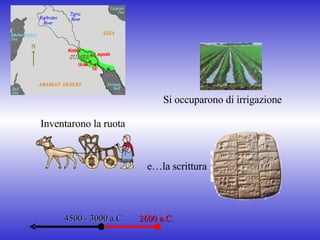 4500 - 3000 a.C. 2600 a.C. Si occuparono di irrigazione Inventarono la ruota e…la scrittura 