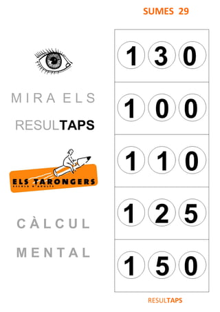 M I R A E L S
RESULTAPS
C À L C U L
M E N T A L
SUMES 29
1 3 0
1 0 0
1 1 0
1 2 5
1 5 0
RESULTAPS
 