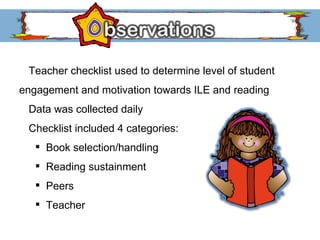 Teacher checklist used to determine level of student  engagement and motivation towards ILE and reading Data was collected daily Checklist included 4 categories: Book selection/handling Reading sustainment Peers Teacher 