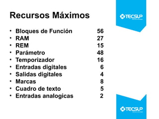 Recursos Máximos
•
•
•
•
•
•
•
•
•
•

Bloques de Función
RAM
REM
Parámetro
Temporizador
Entradas digitales
Salidas digitales
Marcas
Cuadro de texto
Entradas analogicas

56
27
15
48
16
6
4
8
5
2

 