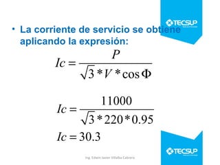• La corriente de servicio se obtiene
aplicando la expresión:

P
Ic =
3 *V *cos Φ
11000
Ic =
3 * 220*0.95
Ic = 30.3
Ing. Edwin Javier Villalba Cabrera

 