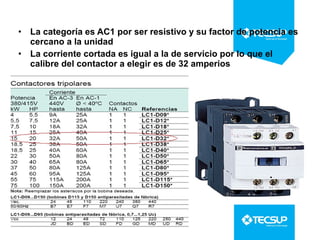 • La categoría es AC1 por ser resistivo y su factor de potencia es
cercano a la unidad
• La corriente cortada es igual a la de servicio por lo que el
calibre del contactor a elegir es de 32 amperios

 
