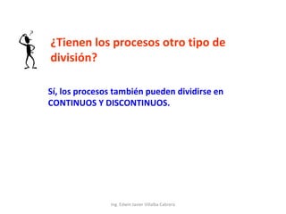 ¿Tienen los procesos otro tipo de
división?
Sí, los procesos también pueden dividirse en
CONTINUOS Y DISCONTINUOS.

Ing. Edwin Javier Villalba Cabrera

 