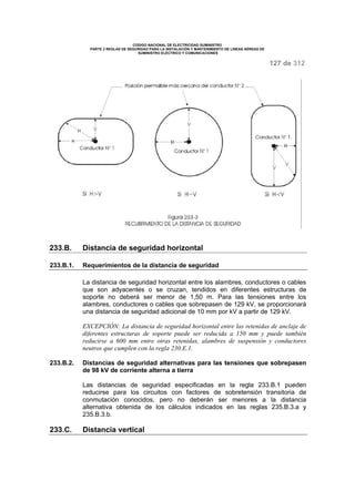 CODIGO NACIONAL DE ELECTRICIDAD SUMINISTRO 
PARTE 2 REGLAS DE SEGURIDAD PARA LA INSTALACIÓN Y MANTENIMIENTO DE LINEAS AÉREAS DE 
SUMINISTRO ELÉCTRICO Y COMUNICACIONES 
127 de 312 
233.B. Distancia de seguridad horizontal 
233.B.1. Requerimientos de la distancia de seguridad 
La distancia de seguridad horizontal entre los alambres, conductores o cables 
que son adyacentes o se cruzan, tendidos en diferentes estructuras de 
soporte no deberá ser menor de 1,50 m. Para las tensiones entre los 
alambres, conductores o cables que sobrepasen de 129 kV, se proporcionará 
una distancia de seguridad adicional de 10 mm por kV a partir de 129 kV. 
EXCEPCIÓN: La distancia de seguridad horizontal entre las retenidas de anclaje de 
diferentes estructuras de soporte puede ser reducida a 150 mm y puede también 
reducirse a 600 mm entre otras retenidas, alambres de suspensión y conductores 
neutros que cumplen con la regla 230.E.1. 
233.B.2. Distancias de seguridad alternativas para las tensiones que sobrepasen 
de 98 kV de corriente alterna a tierra 
Las distancias de seguridad especificadas en la regla 233.B.1 pueden 
reducirse para los circuitos con factores de sobretensión transitoria de 
conmutación conocidos, pero no deberán ser menores a la distancia 
alternativa obtenida de los cálculos indicados en las reglas 235.B.3.a y 
235.B.3.b. 
233.C. Distancia vertical 
 