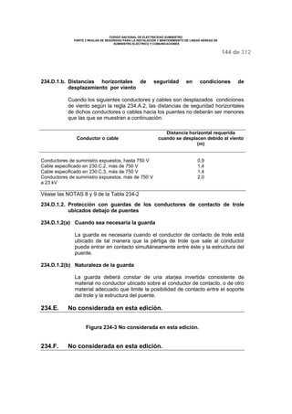 CODIGO NACIONAL DE ELECTRICIDAD SUMINISTRO 
PARTE 2 REGLAS DE SEGURIDAD PARA LA INSTALACIÓN Y MANTENIMIENTO DE LINEAS AÉREAS DE 
SUMINISTRO ELÉCTRICO Y COMUNICACIONES 
144 de 312 
234.D.1.b. Distancias horizontales de seguridad en condiciones de 
desplazamiento por viento 
Cuando los siguientes conductores y cables son desplazados condiciones 
de viento según la regla 234.A.2, las distancias de seguridad horizontales 
de dichos conductores o cables hacia los puentes no deberán ser menores 
que las que se muestran a continuación: 
Conductor o cable 
Distancia horizontal requerida 
cuando se desplacen debido al viento 
(m) 
Conductores de suministro expuestos, hasta 750 V 
Cable especificado en 230.C.2, más de 750 V 
Cable especificado en 230.C.3, más de 750 V 
Conductores de suministro expuestos, más de 750 V 
a 23 kV 
0,9 
1,4 
1,4 
2,0 
Véase las NOTAS 8 y 9 de la Tabla 234-2 
234.D.1.2. Protección con guardas de los conductores de contacto de trole 
ubicados debajo de puentes 
234.D.1.2(a) Cuando sea necesaria la guarda 
La guarda es necesaria cuando el conductor de contacto de trole está 
ubicado de tal manera que la pértiga de trole que sale al conductor 
pueda entrar en contacto simultáneamente entre éste y la estructura del 
puente. 
234.D.1.2(b) Naturaleza de la guarda 
La guarda deberá constar de una atarjea invertida consistente de 
material no conductor ubicado sobre el conductor de contacto, o de otro 
material adecuado que limite la posibilidad de contacto entre el soporte 
del trole y la estructura del puente. 
234.E. No considerada en esta edición. 
Figura 234-3 No considerada en esta edición. 
234.F. No considerada en esta edición. 
 