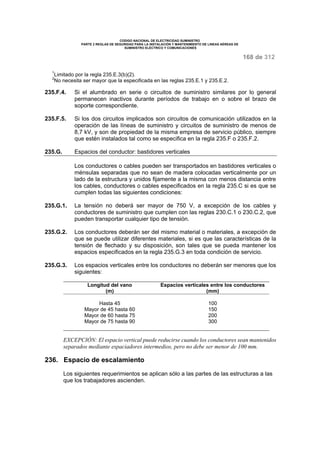 CODIGO NACIONAL DE ELECTRICIDAD SUMINISTRO 
PARTE 2 REGLAS DE SEGURIDAD PARA LA INSTALACIÓN Y MANTENIMIENTO DE LINEAS AÉREAS DE 
SUMINISTRO ELÉCTRICO Y COMUNICACIONES 
168 de 312 
1Limitado por la regla 235.E.3(b)(2). 
2No necesita ser mayor que la especificada en las reglas 235.E.1 y 235.E.2. 
235.F.4. Si el alumbrado en serie o circuitos de suministro similares por lo general 
permanecen inactivos durante períodos de trabajo en o sobre el brazo de 
soporte correspondiente. 
235.F.5. Si los dos circuitos implicados son circuitos de comunicación utilizados en la 
operación de las líneas de suministro y circuitos de suministro de menos de 
8,7 kV, y son de propiedad de la misma empresa de servicio público, siempre 
que estén instalados tal como se especifica en la regla 235.F o 235.F.2. 
235.G. Espacios del conductor: bastidores verticales 
Los conductores o cables pueden ser transportados en bastidores verticales o 
ménsulas separadas que no sean de madera colocadas verticalmente por un 
lado de la estructura y unidos fijamente a la misma con menos distancia entre 
los cables, conductores o cables especificados en la regla 235.C si es que se 
cumplen todas las siguientes condiciones: 
235.G.1. La tensión no deberá ser mayor de 750 V, a excepción de los cables y 
conductores de suministro que cumplen con las reglas 230.C.1 o 230.C.2, que 
pueden transportar cualquier tipo de tensión. 
235.G.2. Los conductores deberán ser del mismo material o materiales, a excepción de 
que se puede utilizar diferentes materiales, si es que las características de la 
tensión de flechado y su disposición, son tales que se pueda mantener los 
espacios especificados en la regla 235.G.3 en toda condición de servicio. 
235.G.3. Los espacios verticales entre los conductores no deberán ser menores que los 
siguientes: 
Longitud del vano 
(m) 
Espacios verticales entre los conductores 
(mm) 
Hasta 45 
Mayor de 45 hasta 60 
Mayor de 60 hasta 75 
Mayor de 75 hasta 90 
100 
150 
200 
300 
EXCEPCIÓN: El espacio vertical puede reducirse cuando los conductores sean mantenidos 
separados mediante espaciadores intermedios, pero no debe ser menor de 100 mm. 
236. Espacio de escalamiento 
Los siguientes requerimientos se aplican sólo a las partes de las estructuras a las 
que los trabajadores ascienden. 
 