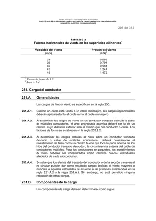 CODIGO NACIONAL DE ELECTRICIDAD SUMINISTRO 
PARTE 2 REGLAS DE SEGURIDAD PARA LA INSTALACIÓN Y MANTENIMIENTO DE LINEAS AÉREAS DE 
SUMINISTRO ELÉCTRICO Y COMUNICACIONES 
201 de 312 
Tabla 250-2 
Fuerzas horizontales de viento en las superficies cilíndricas1 
Velocidad del viento 
(m/s) 
Presión del viento 
(kN)2 
31 0,589 
36 0,794 
40 0,981 
45 1,241 
49 1,472 
1 Factor de forma de 1,0 
2Area = 1 m2 
251. Carga del conductor 
251.A. Generalidades 
Las cargas de hielo y viento se especifican en la regla 250. 
251.A.1. Cuando un cable esté unido a un cable mensajero, las cargas especificadas 
deberán aplicarse tanto al cable como al cable mensajero. 
251.A.2. Al determinar las cargas de viento en un conductor trenzado desnudo o cable 
de múltiples conductores, el área proyectada asumida deberá ser la de un 
cilindro cuyo diámetro exterior será el mismo que del conductor o cable. Los 
factores de forma se establecen en la regla 252.B.2. 
251.A.3. Al determinar las cargas debidas al hielo sobre un conductor trenzado 
desnudo o cable de múltiples conductores, deberá considerarse el 
revestimiento de hielo como un cilindro hueco que toca la parte externa de los 
hilos del conductor trenzado desnudo o la circunferencia externa del cable de 
conductores múltiples. Para los conductores en paquetes, los revestimientos 
de hielo deberán ser considerados como cilindros huecos individuales 
alrededor de cada subconductor. 
251.A.4. Se sabe que los efectos del trenzado del conductor o de la sección transversal 
no circular pueden dar como resultado cargas debidas al viento mayores o 
menores a aquellas calculadas de acuerdo a las premisas establecidas en la 
regla 251.A.2 y la regla 251.A.3. Sin embargo, no está permitido ninguna 
reducción de estas cargas. 
251.B. Componentes de la carga 
Los componentes de carga deberán determinarse como sigue: 
 