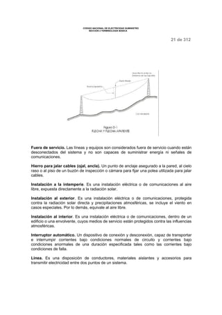 CODIGO NACIONAL DE ELECTRICIDAD SUMINISTRO 
SECCION 2 TERMINOLOGÍA BÁSICA 
21 de 312 
Fuera de servicio. Las líneas y equipos son considerados fuera de servicio cuando están 
desconectados del sistema y no son capaces de suministrar energía ni señales de 
comunicaciones. 
Hierro para jalar cables (ojal, ancla). Un punto de anclaje asegurado a la pared, al cielo 
raso o al piso de un buzón de inspección o cámara para fijar una polea utilizada para jalar 
cables. 
Instalación a la intemperie. Es una instalación eléctrica o de comunicaciones al aire 
libre, expuesta directamente a la radiación solar. 
Instalación al exterior. Es una instalación eléctrica o de comunicaciones, protegida 
contra la radiación solar directa y precipitaciones atmosféricas, se incluye el viento en 
casos especiales. Por lo demás, equivale al aire libre. 
Instalación al interior. Es una instalación eléctrica o de comunicaciones, dentro de un 
edificio o una envolvente, cuyos medios de servicio están protegidos contra las influencias 
atmosféricas. 
Interruptor automático. Un dispositivo de conexión y desconexión, capaz de transportar 
e interrumpir corrientes bajo condiciones normales de circuito y corrientes bajo 
condiciones anormales de una duración especificada tales como las corrientes bajo 
condiciones de falla. 
Línea. Es una disposición de conductores, materiales aislantes y accesorios para 
transmitir electricidad entre dos puntos de un sistema. 
 