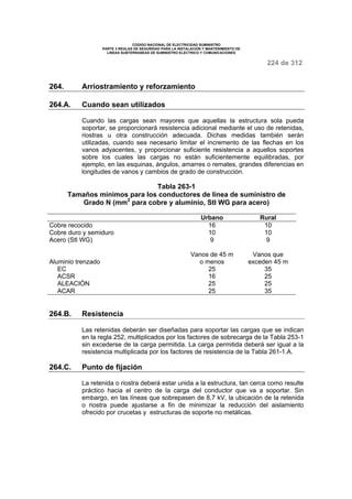CODIGO NACIONAL DE ELECTRICIDAD SUMINISTRO 
PARTE 3 REGLAS DE SEGURIDAD PARA LA INSTALACION Y MANTENIMIENTO DE 
LINEAS SUBTERRANEAS DE SUMINISTRO ELECTRICO Y COMUNICACIONES 
224 de 312 
264. Arriostramiento y reforzamiento 
264.A. Cuando sean utilizados 
Cuando las cargas sean mayores que aquellas la estructura sola pueda 
soportar, se proporcionará resistencia adicional mediante el uso de retenidas, 
riostras u otra construcción adecuada. Dichas medidas también serán 
utilizadas, cuando sea necesario limitar el incremento de las flechas en los 
vanos adyacentes, y proporcionar suficiente resistencia a aquellos soportes 
sobre los cuales las cargas no están suficientemente equilibradas, por 
ejemplo, en las esquinas, ángulos, amarres o remates, grandes diferencias en 
longitudes de vanos y cambios de grado de construcción. 
Tabla 263-1 
Tamaños mínimos para los conductores de línea de suministro de 
Grado N (mm2 para cobre y aluminio, Stl WG para acero) 
Urbano Rural 
Cobre recocido 
Cobre duro y semiduro 
Acero (Stl WG) 
Aluminio trenzado 
EC 
ACSR 
ALEACIÓN 
ACAR 
16 
10 
9 
Vanos de 45 m 
o menos 
25 
16 
25 
25 
10 
10 
9 
Vanos que 
exceden 45 m 
35 
25 
25 
35 
264.B. Resistencia 
Las retenidas deberán ser diseñadas para soportar las cargas que se indican 
en la regla 252, multiplicados por los factores de sobrecarga de la Tabla 253-1 
sin excederse de la carga permitida. La carga permitida deberá ser igual a la 
resistencia multiplicada por los factores de resistencia de la Tabla 261-1.A. 
264.C. Punto de fijación 
La retenida o riostra deberá estar unida a la estructura, tan cerca como resulte 
práctico hacia el centro de la carga del conductor que va a soportar. Sin 
embargo, en las líneas que sobrepasen de 8,7 kV, la ubicación de la retenida 
o riostra puede ajustarse a fin de minimizar la reducción del aislamiento 
ofrecido por crucetas y estructuras de soporte no metálicas. 
 