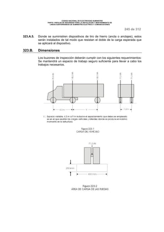 CODIGO NACIONAL DE ELECTRICIDAD SUMINISTRO 
PARTE 3 REGLAS DE SEGURIDAD PARA LA INSTALACION Y MANTENIMIENTO DE 
LINEAS SUBTERRANEAS DE SUMINISTRO ELECTRICO Y COMUNICACIONES 
245 de 312 
323.A.5. Donde se suministren dispositivos de tiro de hierro (ancla o anclajes), estos 
serán instalados de tal modo que resistan el doble de la carga esperada que 
se aplicará al dispositivo. 
323.B. Dimensiones 
Los buzones de inspección deberán cumplir con los siguientes requerimientos: 
Se mantendrá un espacio de trabajo seguro suficiente para llevar a cabo los 
trabajos necesarios. 
 
