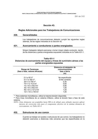 CODIGO NACIONAL DE ELECTRICIDAD SUMINISTRO 
PARTE 4 REGLAS PARA LA OPERACIÓN DE LINEAS Y EQUIPOS DE SUMINISTRO ELECTRICO Y COMUNICACIONES 
291 de 312 
Sección 43. 
Reglas Adicionales para los Trabajadores de Comunicaciones 
430. Generalidades 
Los trabajadores de comunicaciones deberán cumplir las siguientes reglas 
además, de las reglas indicadas en la Sección 42. 
431. Acercamiento a conductores o partes energizados 
Ningún trabajador deberá acercarse o tomar ningún objeto conductor, dentro 
de las distancias a partes energizadas expuestas indicadas en la Tabla 431-1. 
Tabla 431-1 
Distancias de acercamiento del equipo y líneas de suministro aéreas a las 
partes energizadas expuestas 
Rango de Tensiones 
(fase a fase, valores eficaces) 
Distancia al trabajador de 
comunicaciones 
fase a tierra 
(m) 
0 V a 50 V* 
51 V a 300 V* 
301 V a 750 V* 
751 V a 15,0 kV 
15,1 kV a 36,0 kV 
36,1 kV a 46,0 kV 
46,1 kV a 121,0 kV 
121,1 kV a 140 kV 
No especificada 
Evitar contacto 
0,35 
0,65 
0,95 
1,05 
1,25 
1,40 
* Para sistemas monofásicos, utilice la máxima tensión disponible. 
** Para línea monofásica de un sistema trifásico, utilice la tensión fase a fase de este 
sistema. 
NOTA. Estas distancias son aceptables hasta 900 m de altitud, para altitudes mayores aplicar 
factores de corrección sólo para el componente eléctrico de la mínima distancia de 
acercamiento, ver Tabla 441-4. 
432. Estructuras de uso común 
Cuando se trabaje con postes o estructuras de uso común, los trabajadores no 
deberán acercarse a distancias más cercanas que las especificadas en la 
 