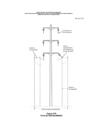 CÓDIGO NACIONAL DE ELECTRICIDAD SUMINISTRO 
PARTE 2 REGLAS DE SEGURIDAD PARA LA INSTALACIÓN Y MANTENIMIENTO DE LINEAS AÉREAS DE 
SUMINISTRO ELÉCTRICO Y COMUNICACIONES 
96 de 312 
Figura 219 
FAJA DE SERVIDUMBRES 
 