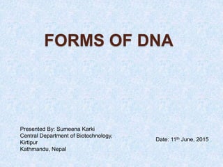 Presented By: Sumeena Karki
Central Department of Biotechnology,
Kirtipur
Kathmandu, Nepal
FORMS OF DNA
Date: 11th June, 2015
 