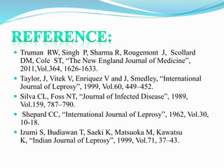  Truman RW, Singh P, Sharma R, Rougemont J, Scollard
DM, Cole ST, “The New England Journal of Medicine”,
2011,Vol.364, 1626-1633.
 Taylor, J, Vitek V, Enriquez V and J, Smedley, “International
Journal of Leprosy”, 1999, Vol.60, 449–452.
 Silva CL, Foss NT, “Journal of Infected Disease”, 1989,
Vol.159, 787–790.
 Shepard CC, “International Journal of Leprosy”, 1962, Vol.30,
10-18.
 Izumi S, Budiawan T, Saeki K, Matsuoka M, Kawatsu
K, “Indian Journal of Leprosy”, 1999, Vol.71, 37–43.
 