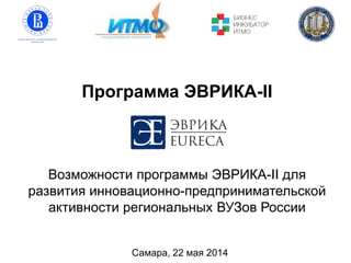 Программа ЭВРИКА-II
Самара, 22 мая 2014
Возможности программы ЭВРИКА-II для
развития инновационно-предпринимательской
активности региональных ВУЗов России
 