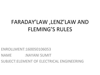 FARADAY’LAW ,LENZ’LAW AND
FLEMING’S RULES
ENROLLMENT:160050106053
NAME :NAYANI SUMIT
SUBJECT:ELEMENT OF ELECTRICAL ENGINEERING
 