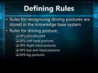 Defining Rules
• Rules for recognizing driving postures are
stored in the knowledge base system.
• Rules for driving posture:
 DP1,DP2,DP3,DP4
 DP1-Left hand postures
 DP2-Right hand postures
 DP3-Eye and Head postures
 DP4-leg postures
 