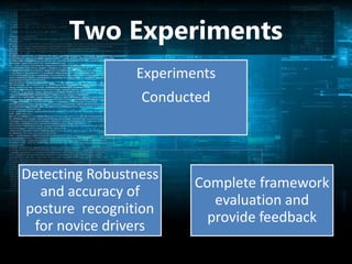 Two Experiments
Experiments
Conducted
Detecting Robustness
and accuracy of
posture recognition
for novice drivers
Complete framework
evaluation and
provide feedback
 