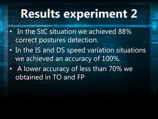 Results experiment 2
• In the StC situation we achieved 88%
correct postures detection.
• In the IS and DS speed variation situations
we achieved an accuracy of 100%.
• A lower accuracy of less than 70% we
obtained in TO and FP
 
