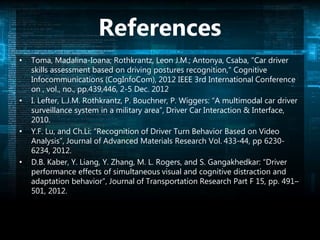 References
• Toma, Madalina-Ioana; Rothkrantz, Leon J.M.; Antonya, Csaba, "Car driver
skills assessment based on driving postures recognition," Cognitive
Infocommunications (CogInfoCom), 2012 IEEE 3rd International Conference
on , vol., no., pp.439,446, 2-5 Dec. 2012
• I. Lefter, L.J.M. Rothkrantz, P. Bouchner, P. Wiggers: “A multimodal car driver
surveillance system in a military area”, Driver Car Interaction & Interface,
2010.
• Y.F. Lu, and Ch.Li: “Recognition of Driver Turn Behavior Based on Video
Analysis”, Journal of Advanced Materials Research Vol. 433-44, pp 6230-
6234, 2012.
• D.B. Kaber, Y. Liang, Y. Zhang, M. L. Rogers, and S. Gangakhedkar: “Driver
performance effects of simultaneous visual and cognitive distraction and
adaptation behavior”, Journal of Transportation Research Part F 15, pp. 491–
501, 2012.
 