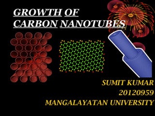 GROWTH OF 
CARBON NANOTUBES 
SUMIT KUMAR 
20120959 
MANGALAYATAN UNIVERSITY 
 