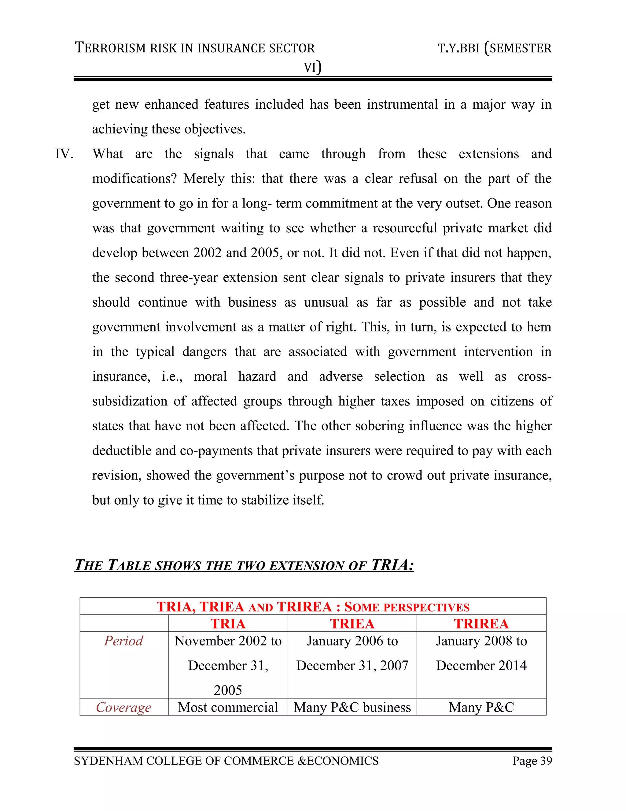 TERRORISM RISK IN INSURANCE SECTOR T.Y.BBI (SEMESTER
VI)
get new enhanced features included has been instrumental in a major way in
achieving these objectives.
IV. What are the signals that came through from these extensions and
modifications? Merely this: that there was a clear refusal on the part of the
government to go in for a long- term commitment at the very outset. One reason
was that government waiting to see whether a resourceful private market did
develop between 2002 and 2005, or not. It did not. Even if that did not happen,
the second three-year extension sent clear signals to private insurers that they
should continue with business as unusual as far as possible and not take
government involvement as a matter of right. This, in turn, is expected to hem
in the typical dangers that are associated with government intervention in
insurance, i.e., moral hazard and adverse selection as well as cross-
subsidization of affected groups through higher taxes imposed on citizens of
states that have not been affected. The other sobering influence was the higher
deductible and co-payments that private insurers were required to pay with each
revision, showed the government’s purpose not to crowd out private insurance,
but only to give it time to stabilize itself.
THE TABLE SHOWS THE TWO EXTENSION OF TRIA:
TRIA, TRIEA AND TRIREA : SOME PERSPECTIVES
TRIA TRIEA TRIREA
Period November 2002 to
December 31,
2005
January 2006 to
December 31, 2007
January 2008 to
December 2014
Coverage Most commercial Many P&C business Many P&C
SYDENHAM COLLEGE OF COMMERCE &ECONOMICS Page 39
 