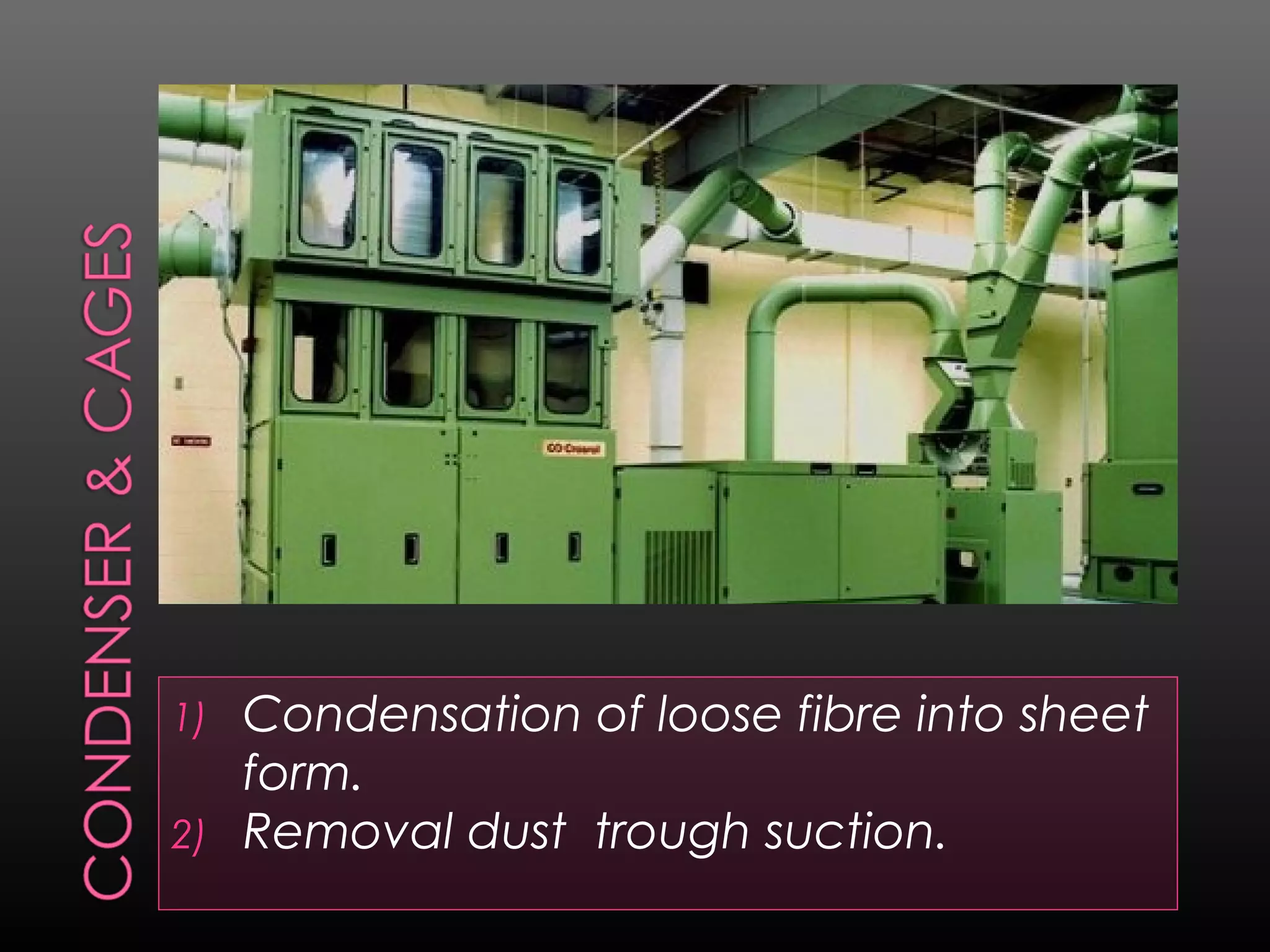 1) Condensation of loose fibre into sheet
form.
2) Removal dust trough suction.
 