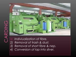 1) Indiviualization of fibre.
2) Removal of trash & dust.
3) Removal of short fibre & nep.
4) Conversion of lap into sliver.
 