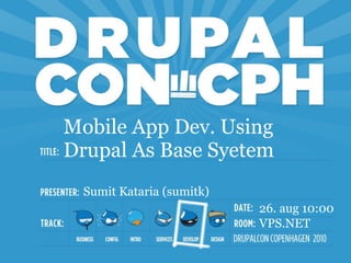 Mobile App Dev. Using
Drupal As Base Syetem
 Sumit Kataria (sumitk)
                          26. aug 10:00
                          VPS.NET
 