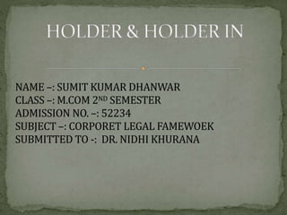 NAME –: SUMIT KUMAR DHANWAR
CLASS –: M.COM 2ND SEMESTER
ADMISSION NO. –: 52234
SUBJECT –: CORPORET LEGAL FAMEWOEK
SUBMITTED TO -: DR. NIDHI KHURANA
 