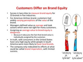 Customers Differ on Brand Equity
• Survey in two cities to measure brand equity for
23 brands in five industries.
• For American Airlines brand, customers had
widely varying perceptions of the value of the
brand.
• Managers defined value as average and took
actions which were not right for many customers.
• Assigning an average value to brand equity is
dangerous
– Because it obscures the fact that brand value is
individually assigned by the customer.
• In truth, with consumers in the United States
have very high equity while people in South
America were more likely to favor local brands.
• The company only redoubled its efforts at what
could be called brand imperialism, with limited
success.
 