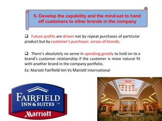  Future profits are driven not by repeat purchases of particular
product but by customer’s purchases across all brands.
 There’s absolutely no sense in spending greatly to hold on to a
brand’s customer relationship if the customer is more natural fit
with another brand in the company portfolio.
Ex: Mariott Fairfield Inn Vs Mariott International
5- Develop the capability and the mind-set to hand
off customers to other brands in the company
 