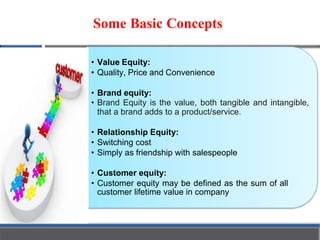 Brands are
important, but
they are not all-
important
Some Basic Concepts
• Value Equity:
• Quality, Price and Convenience
• Brand equity:
• Brand Equity is the value, both tangible and intangible,
that a brand adds to a product/service.
• Relationship Equity:
• Switching cost
• Simply as friendship with salespeople
• Customer equity:
• Customer equity may be defined as the sum of all
customer lifetime value in company
 