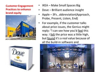Customer Engagement
Practices to enhance
brand equity
• IKEA – Make Small Spaces Big
• Dove – Brilliant audience insight
• Apple – 3Fs , abbreviation(Approach,
Probe, Present, Listen, End)
• For example, if the customer talks
about price issues, the Genius might
reply: “I can see how you’d feel this
way. I felt the price was a little high,
but found it’s a real value because of
all the build-in software and
capabilities.”
 