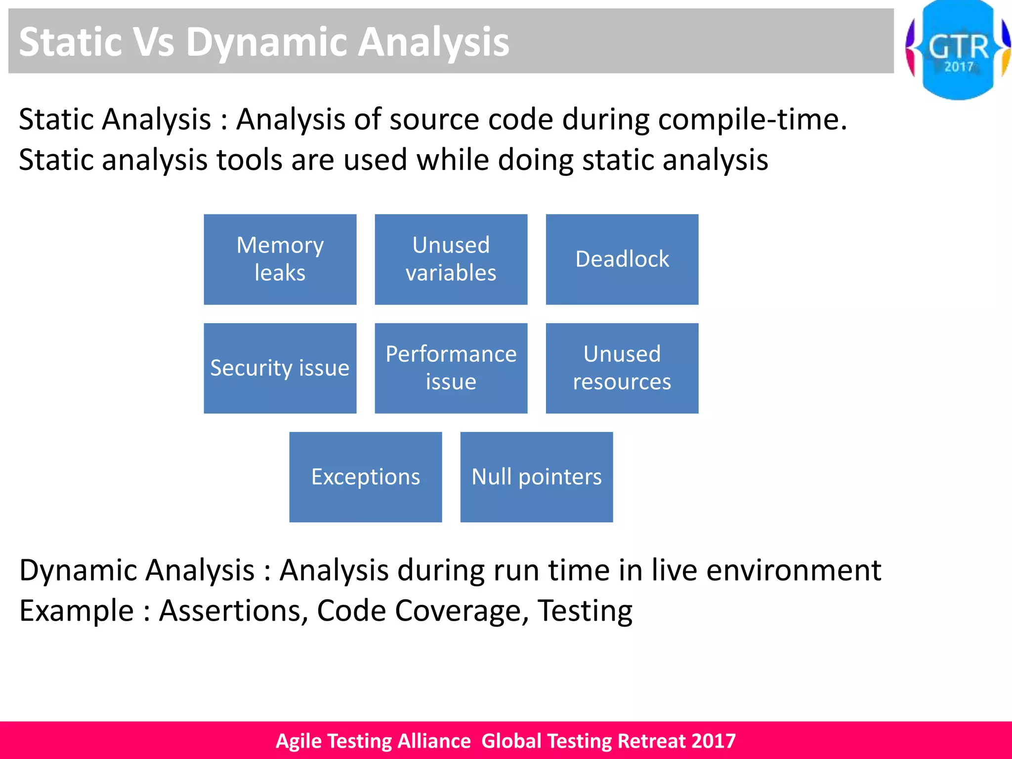 Agile Testing Alliance Global Testing Retreat 2017
Static Vs Dynamic Analysis
Static Analysis : Analysis of source code during compile-time.
Static analysis tools are used while doing static analysis
Memory
leaks
Unused
variables
Deadlock
Security issue
Performance
issue
Unused
resources
Exceptions Null pointers
Dynamic Analysis : Analysis during run time in live environment
Example : Assertions, Code Coverage, Testing
 
