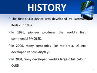DEPT OF ECE, CBIT, KOLAR 6
HISTORY
 The first OLED device was developed by Eastman
Kodak in 1987.
 In 1996, pioneer prod...
