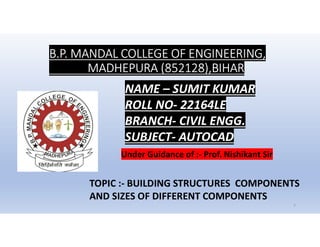 B.P. MANDAL COLLEGE OF ENGINEERING,
MADHEPURA (852128),BIHAR
NAME – SUMIT KUMAR
ROLL NO- 22164LE
BRANCH- CIVIL ENGG.
SUBJECT- AUTOCAD
TOPIC :- BUILDING STRUCTURES COMPONENTS
AND SIZES OF DIFFERENT COMPONENTS
2
Under Guidance of :- Prof. Nishikant Sir
 