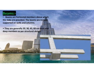Beams:-
• Beams are horizontal members above which
the slabs are provided. The beams are instead
supported on walls and columns.
• They are generally 20, 30, 45, 60 cm thick and
deep members as per structural design.
28
 