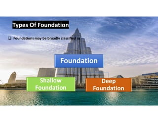 Foundations may be broadly classified as
Types Of Foundation
Foundation
Shallow
Foundation
Deep
Foundation
9
 