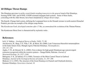10 Oblique Thrust Ramps
The Himalaya province is cut by wrench faults trending transverse to the general trend of the Himalaya,
forming NNW–SSE- and N/NNE–S/SSW-oriented conjugate fault systems . Some of these faults,
coinciding with the older thrusts, have been interpreted as oblique thrust ramps .
The Kaurik–Chango fault system, defining the Leopargial horst in the Himadri terrane in north-eastern Himachal
Pradesh, provides an example of the oblique ramp thrusts .
The Karakoram Fault, developed sometime after 17 Ma, accommodated the evolution of the Tibetan Plateau.
The Karakoram Shear Zone is characterized by mylonitic rocks .
References
In K. S. Valdiya , Geological Survey of India, 24(II), 71–90.
Anczkiewicz, R., Burg, J. P., Villa, I. M., & Meier, M. (2000). Late Cretaceous blueschist metamorphism
in the Indus Suture Zone, Shangla region, Pakistan Himalaya. Tectonophysics,
324, 111–134.
Argles, T. W., & Edward, M. A. (2002). First evidence for high-grade Himalayan-age synconvergent
extension recognized within the western syntaxis—Nanga Parbat, Pakistan. Journal of
Structural Geology, 24, 1327–1344.
Bahuguna, V. K., & Saklani, P. S. (1988). Tectonics of the Main Central Thrust in Garhwal
Himalaya. Journal of the Geological Society of London, 31, 197–209.
Bhakuni, S. S. (1995). The structure of the Great Himalaya in Chamoli and Uttarkashi districts,
Kumaun Himalaya. Geoscience Journal, 16
 