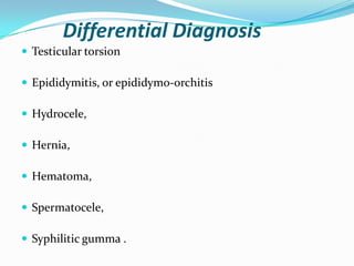 Differential Diagnosis
 Testicular torsion
 Epididymitis, or epididymo-orchitis
 Hydrocele,
 Hernia,
 Hematoma,
 Spermatocele,
 Syphilitic gumma .
 