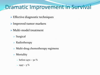 Dramatic Improvement in Survival
 Effective diagnostic techniques
 Improved tumor markers
 Multi-model treatment
 Surgical
 Radiotherapy
 Multi-drug chemotherapy regimens
 Mortality
 before 1970 – 50 %
 1997 – 5 %
 
