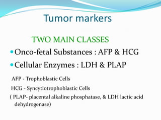 Tumor markers
TWO MAIN CLASSES
Onco-fetal Substances : AFP & HCG
Cellular Enzymes : LDH & PLAP
AFP - Trophoblastic Cells
HCG - Syncytiotrophoblastic Cells
( PLAP- placental alkaline phosphatase, & LDH lactic acid
dehydrogenase)
 