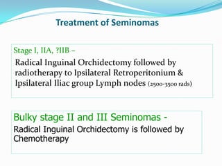 Treatment of Seminomas
Stage I, IIA, ?IIB –
Radical Inguinal Orchidectomy followed by
radiotherapy to Ipsilateral Retroperitonium &
Ipsilateral Iliac group Lymph nodes (2500-3500 rads)
Bulky stage II and III Seminomas -
Radical Inguinal Orchidectomy is followed by
Chemotherapy
 