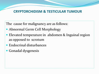 CRYPTORCHIDISM & TESTICULAR TUMOUR
The cause for malignancy are as follows:
 Abnormal Germ Cell Morphology
 Elevated temperature in abdomen & Inguinal region
as opposed to scrotum
 Endocrinal disturbances
 Gonadal dysgenesis
 
