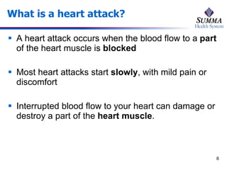 What is a heart attack? A heart attack occurs when the blood flow to a  part  of the heart muscle is  blocked Most heart attacks start  slowly , with mild pain or discomfort Interrupted blood flow to your heart can damage or destroy a part of the  heart muscle .   