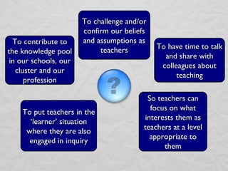 So teachers can focus on what interests them as teachers at a level appropriate to them To put teachers in the ‘learner’ situation where they are also engaged in inquiry To challenge and/or confirm our beliefs and assumptions as teachers To have time to talk and share with colleagues about teaching To contribute to the knowledge pool in our schools, our cluster and our profession 