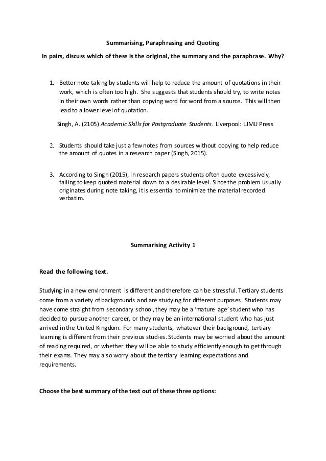 Summarising, paraphrasing and quoting worksheet