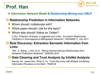 Prof. Han
  Information Network Model & Relationship Mining over DBLP

 Relationship Prediction in Information Networks
   Whom should I collaborate with?
   Which paper should I cite for this topic?
   Whom else should I follow on Twitter?
       Y.Sun, R.Barber, M.Gupta, C.Aggarwal and J.Han. “Co-author Relationship
       Prediction in Hererogeneous Bibliographic Networks”, ASONAM’11, July 2011
 Role Discovery: Extraction Semantic Information from
  Links
       Ref. C. Wang, J. Han, et al., “Mining Advisor-Advisee Relationships from
       Research Publication Networks”, SIGKDD 2010
   Data Cleaning and Trust Analysis by InfoNet Analysis
       Xiaoxin Yin, Jiawei Han, Philip S. Yu, “Truth Discovery with Multiple Conflicting
       Information Providers on the Web”, TKDE’08


05/28/12                                                                                   ZJU
 